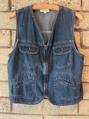 Jones New York Sport Petite Womens M Denim Zip-Up Utility Vest With Pockets